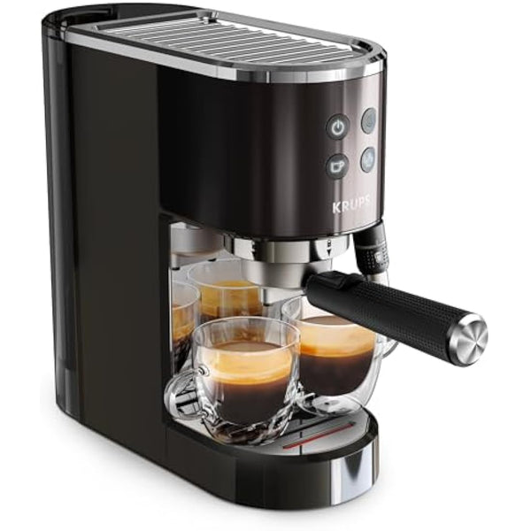 Krups Virtuoso + Pump Espresso Machine, Sleek Compact Design, Auto Flow-Stop, Espresso and Cappuccino Maker, Black Stainless Steel, XP444GG0