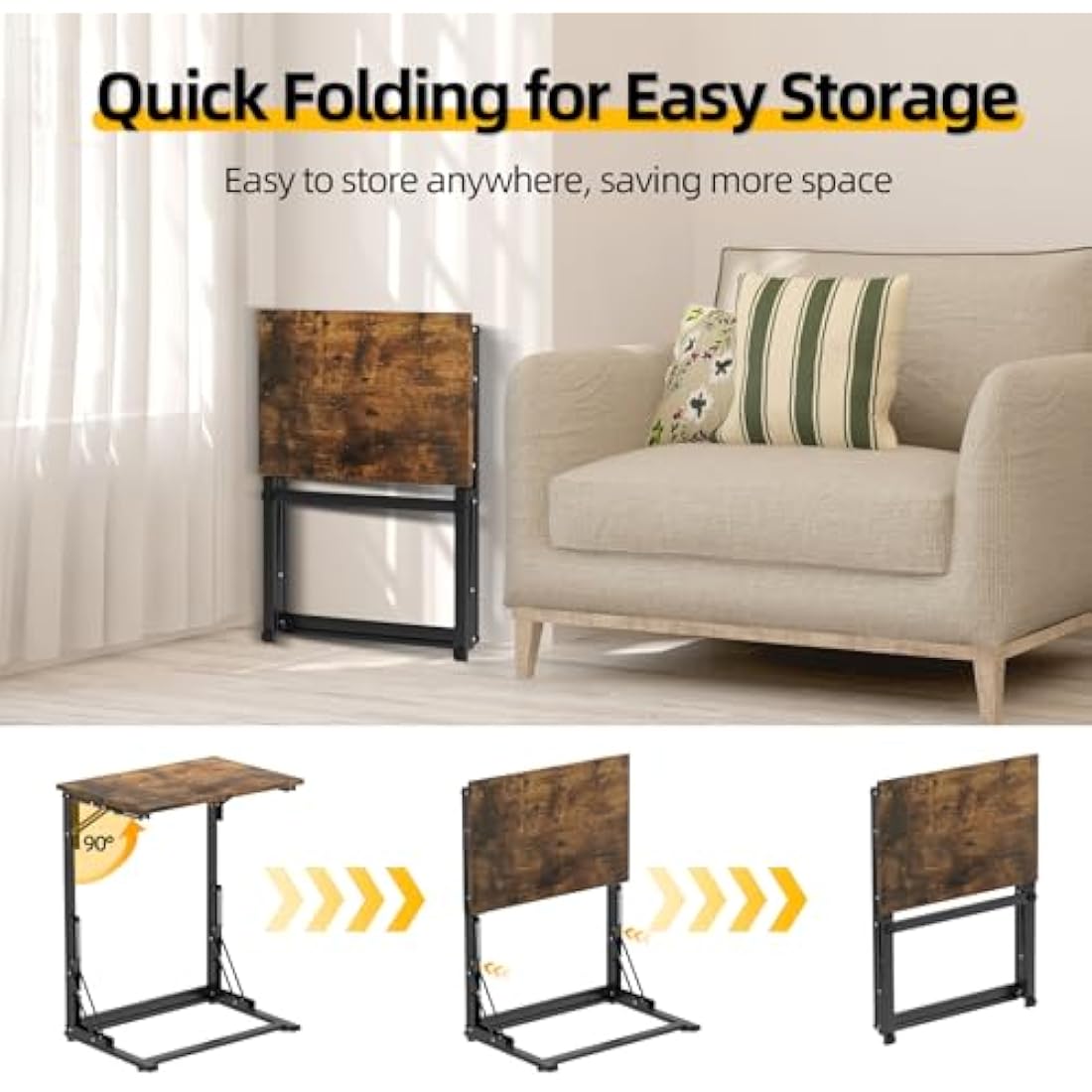 MOXYOY C-Shaped Side Table,Foldable Laptop Table,Sturdy Steel Frame Base Support,Easy to Assemble,Suitable for Living Room,Bedroom,Bathroom,Balcony