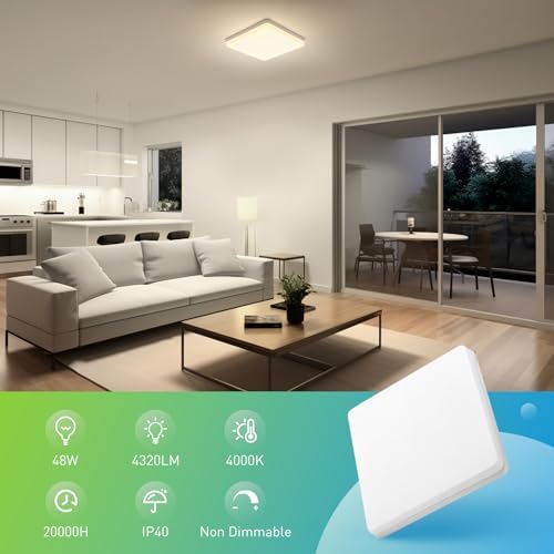 Yafido LED Square Ceiling Light Fitting 48W 4320LM, Natural White 4000K, IP44 Waterproof, 30CM Modern Ultra Bright Lighting Fixture 220V for Bathroom Living Room Kitchen Roof Office