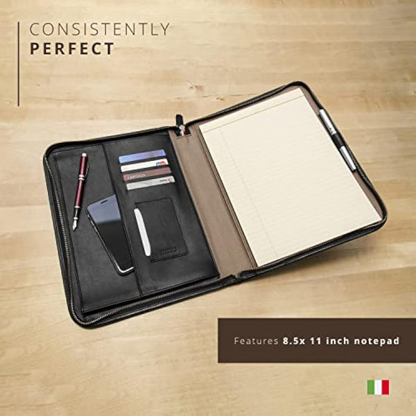 Maruse Luxury Leather Portfolio – Zip-Around Executive Folio & Organiser, Laptop & iPad Sleeve – Handmade in Italy, Black