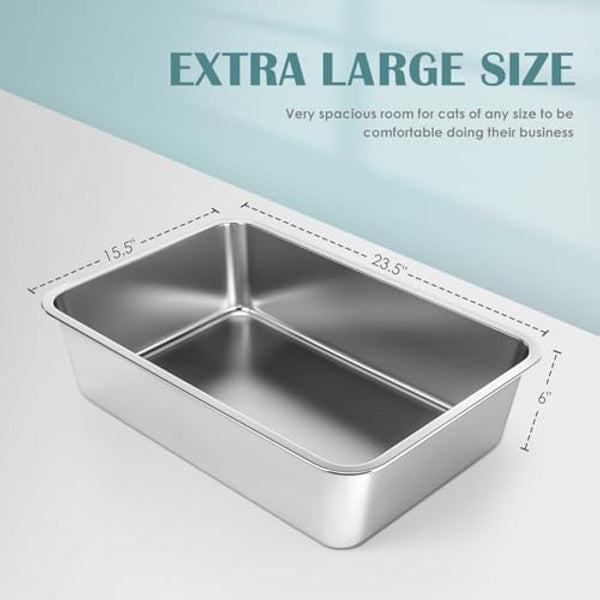 Stainless Steel Cat Litter Box, Large Metal Litter Tray for Cats Rabbits, Never Absorb Odors, Stain Free, Rustproof, Non Stick Smooth Surface, Anti-Slip Rubber Bottom, Easy to Clean, 23.5"Lx15.5"Wx6"H