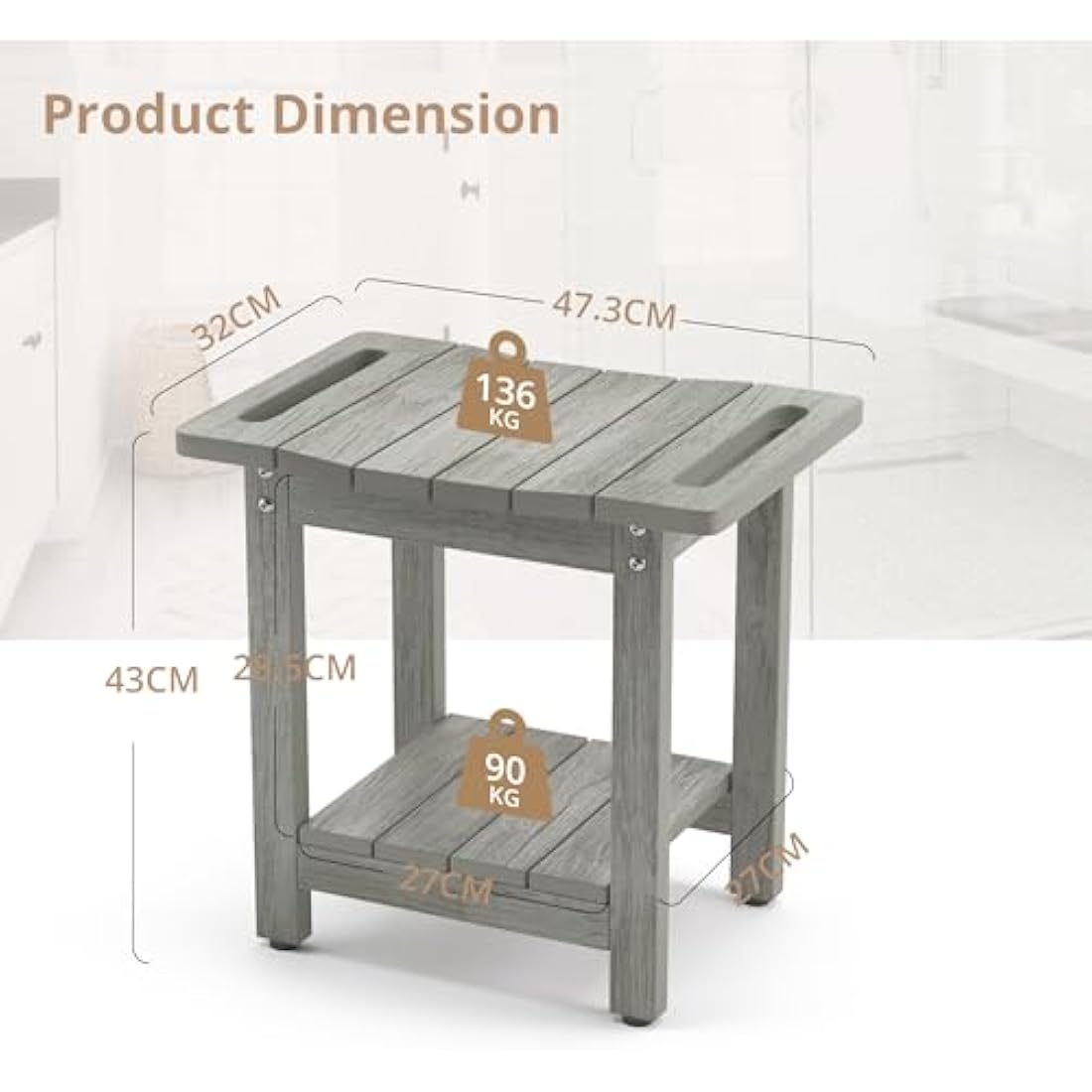 LUE BONA HDPS Shower Benches,Shower Stool for Shaving Legs with Shelf,Waterproof Bath Chair Seat for Bathroom,Weather Resistant/Non-Slip/Handles/Indoor or Outdoor Use,Grey