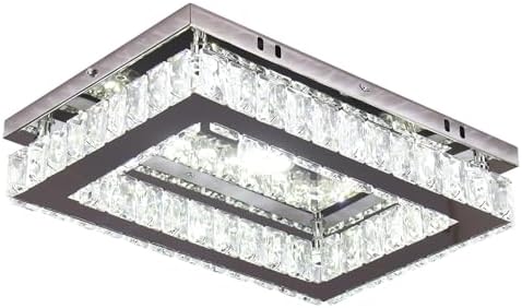 Finktonglan LED Crystal Chandelier Modern Rectangular Ceiling Lamp K9 Stainless Steel Flush Mount Ceiling Lights Fixture Chandelier for Dining Room Living Room Bedroom (Cool White)