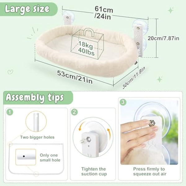 GUUSII HOME Cat Window Bed Hammock Cordless Perch Window Sill Seat for Indoor Cats Kitty Shelves with Sturdy Suction Cups Washable Plush Cushion 53 * 30cm Holds Up to 18kg Easy to Install(Beige)