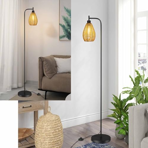 ArcoMead Farmhouse Floor Lamp, Tall Standing Whole Metal Light with Hand-Woven Paper Rope Teardrop Cage Head & Foot Switch, Boho Standing Lamps, Black Reading Lights for Bedroom, Living Room, Decor