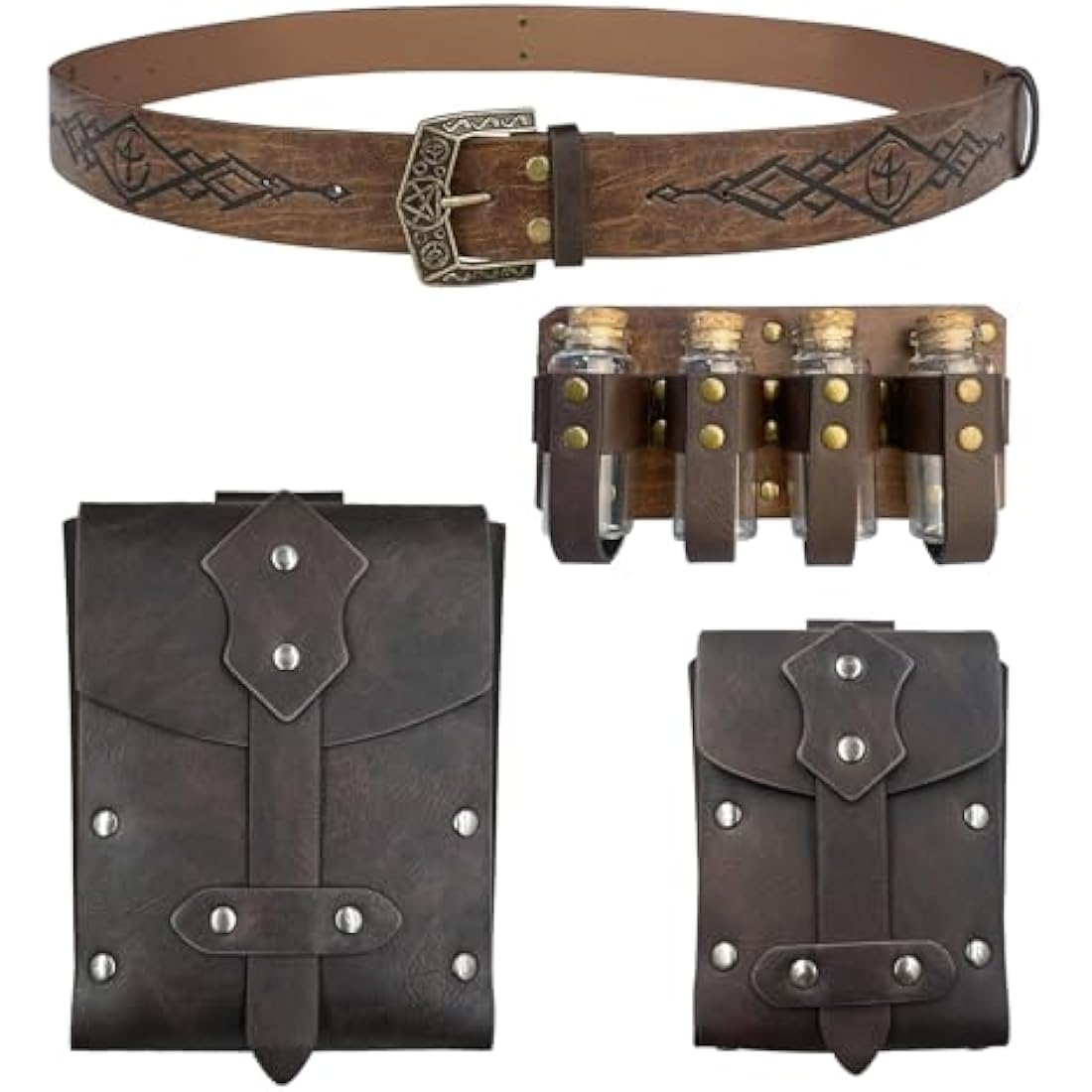 EpicCos 4 PCs Medieval Alchemy Belt Waist Pack Combo with Multiple Potion Bottles, Viking Rivet Belt Side Pouch for Cosplay (Brown B)