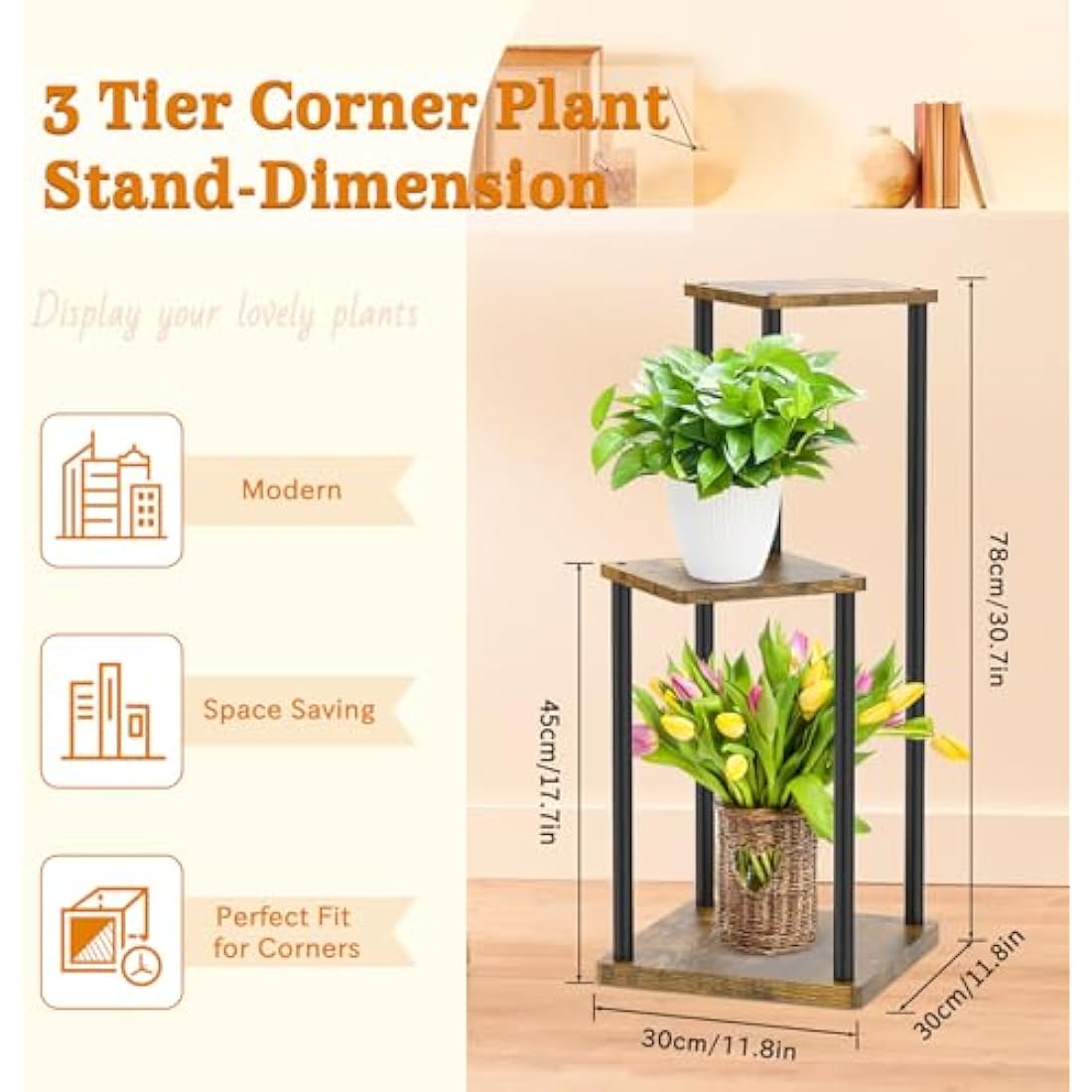 LyTaispuly 3 Tier Plant Stands Indoor Outdoor, Metal Wood Tiered Corner Plant Stand Pot Holder, Wood Flower Shelf Display Rack for Living Room Bedroom Balcony Garden Patio, Black