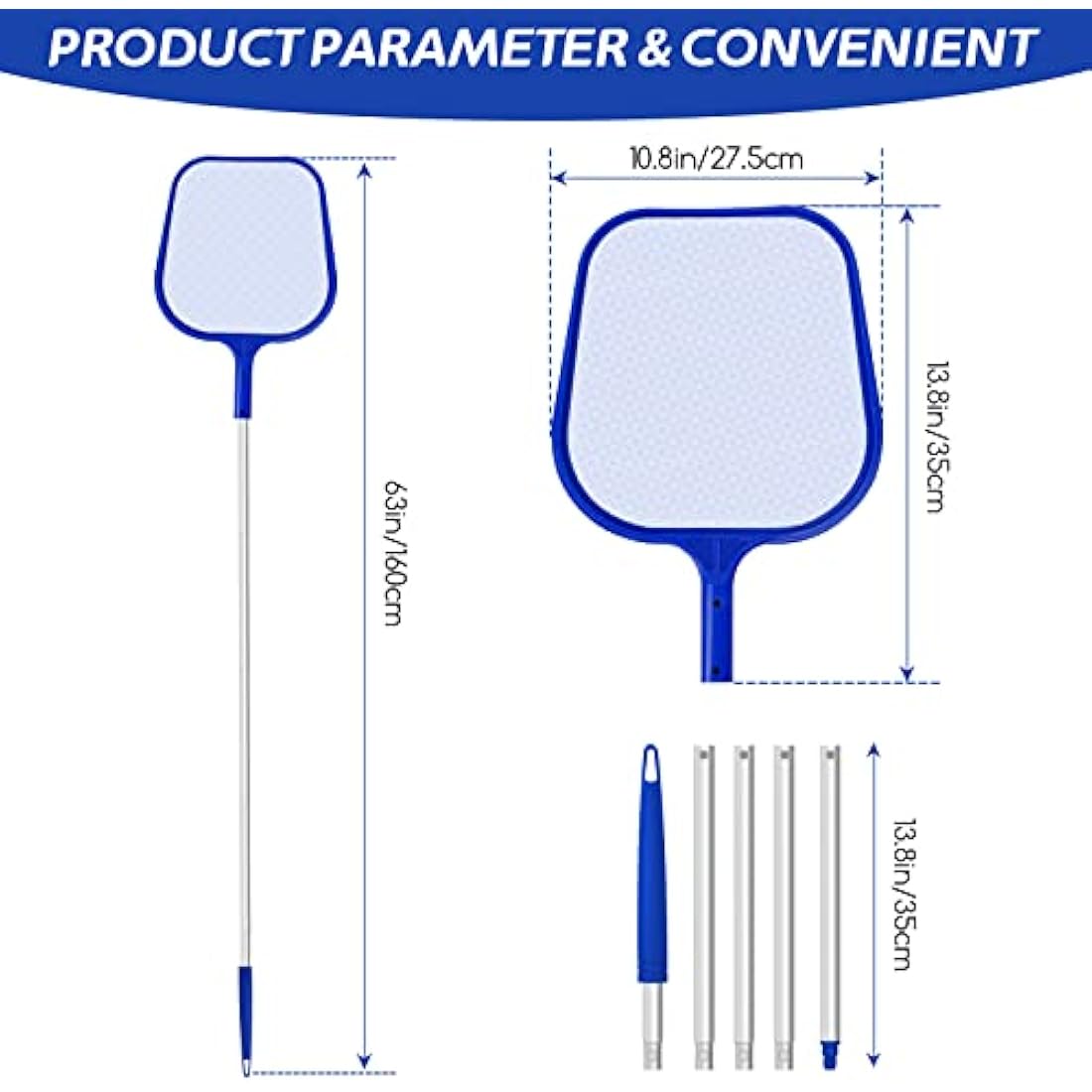 Jsdoin Swimming Pool Skimmer Net, Adjustable 5 Connecting 48Inch Aluminium Telescopic Pole, Pond Nets for Cleaning, Fine Mesh Leaf Skimmer Netting for Garden Pond Hot Tub Net, Blue