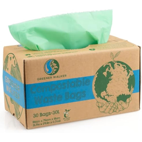 Greener Walker 30L-30Bags 100% Compostable Biodegradable Bin Liners 6L/10L/30L Food Waste Bags with EN13432 Certificate Caddy Kitchen Bin Liners