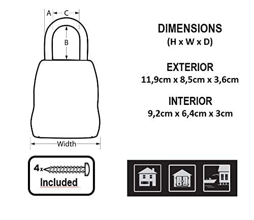 MASTER LOCK Key Safe Wall Mounted, Medium 85 x 119 x 36 mm, Outdoor, Mounting Kit, for Home Office Industries Vehicles, Black & Silver