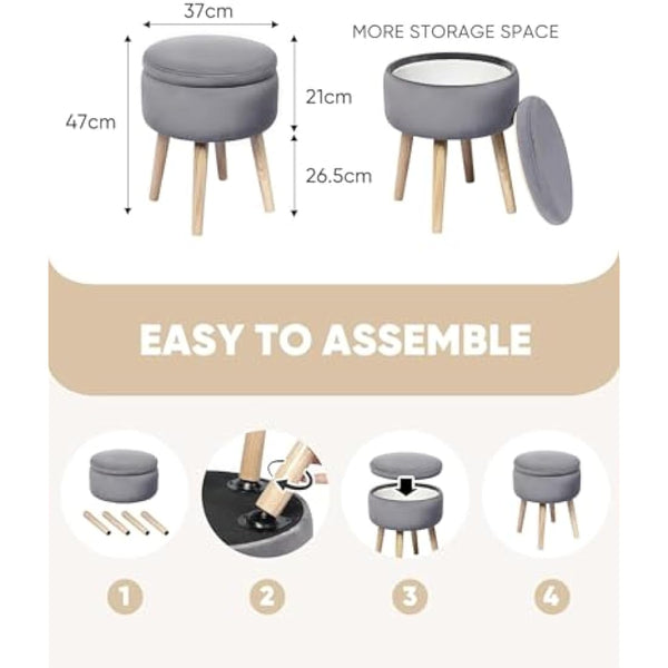 Bonlife Makeup Vanity Stool Side Table,Velvet Storage Footrest Ottoman Stool Seat Toy Box Storage Coffee Table with Wool Legs,Grey,36x36x45cm