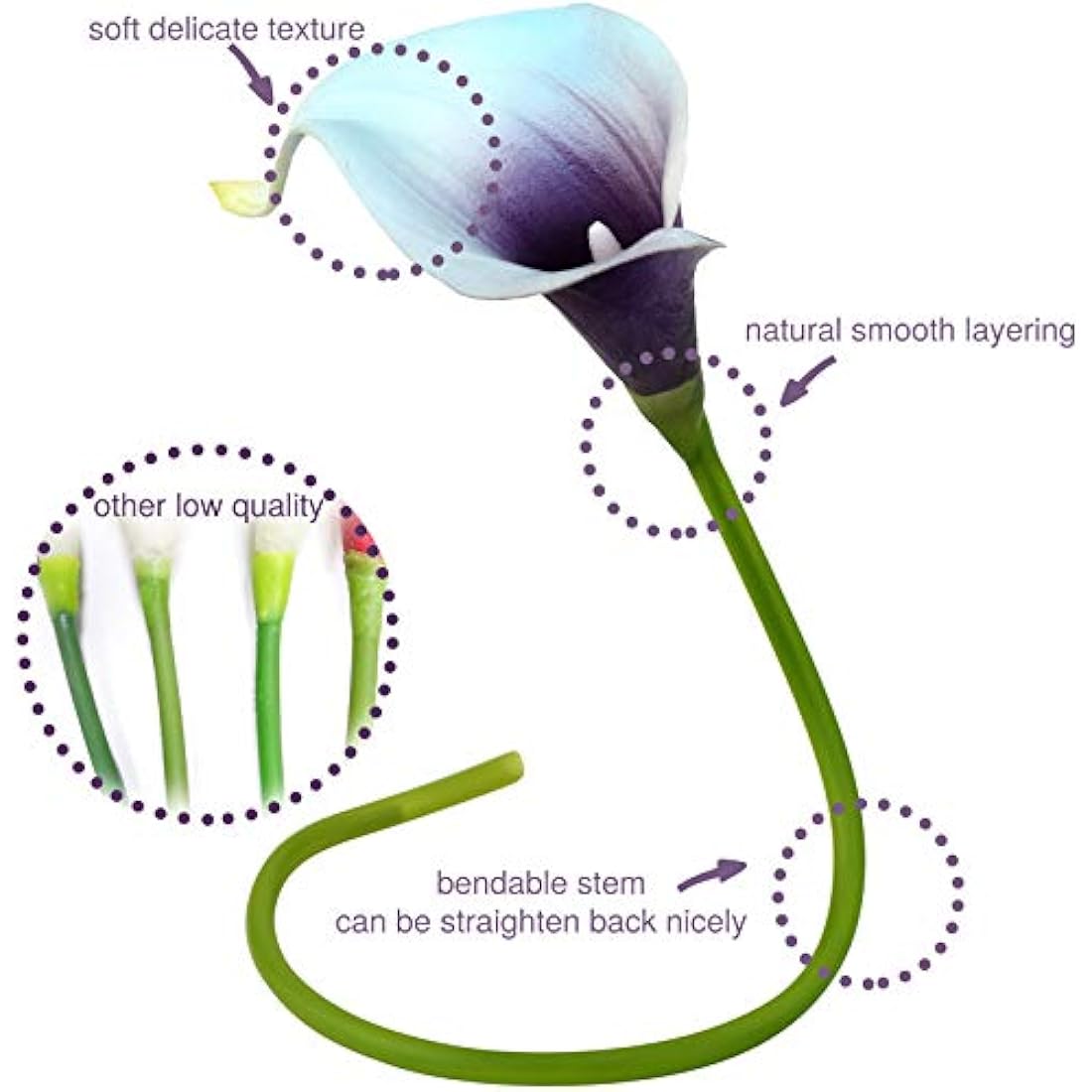 FiveSeasonStuff 10 Stems of Real Touch Calla Lilies Artificial Flower Bouquet, Perfect for Wedding, Bridal, Party, Home Office Décor DIY (Blue & Purple)