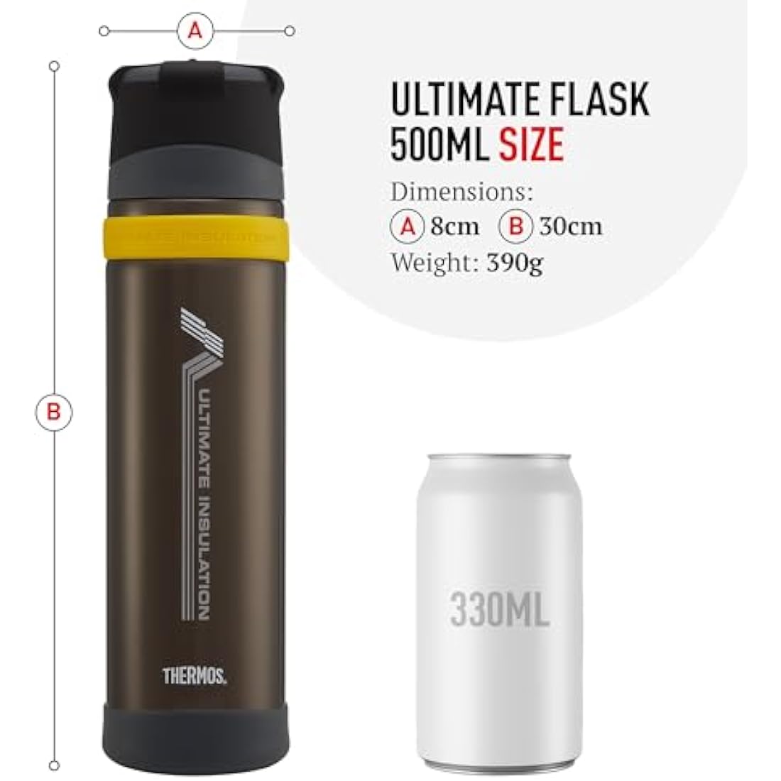 Thermos - Matt Black Ultimate Flask (500ml), Reusable Insulated Stainless Steel Thermal Coffee Cup for Hot or Cold Drinks, Vacuum Sealed Water Flask with a Leak-Proof Lid, 24hr Hot/24hr Cold