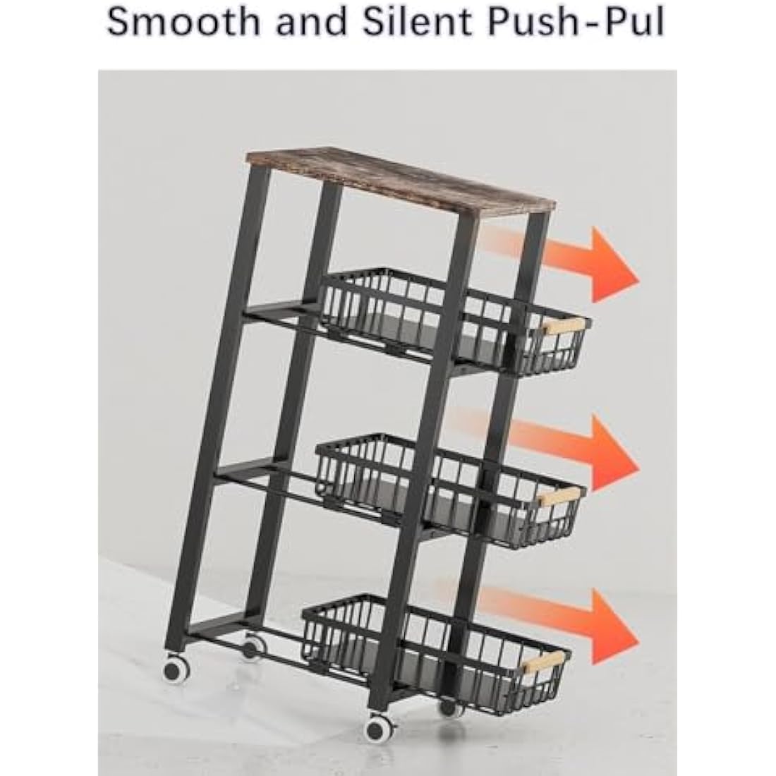 KOLENSA Metal Wire Baskets with Wheels, Stackable Storage Bins Kitchen Organizer Shelf, Multi Layer Fruit Vegetable Cart Dishes Seasonal Rack Freestanding with Pull Out Slide Drawer