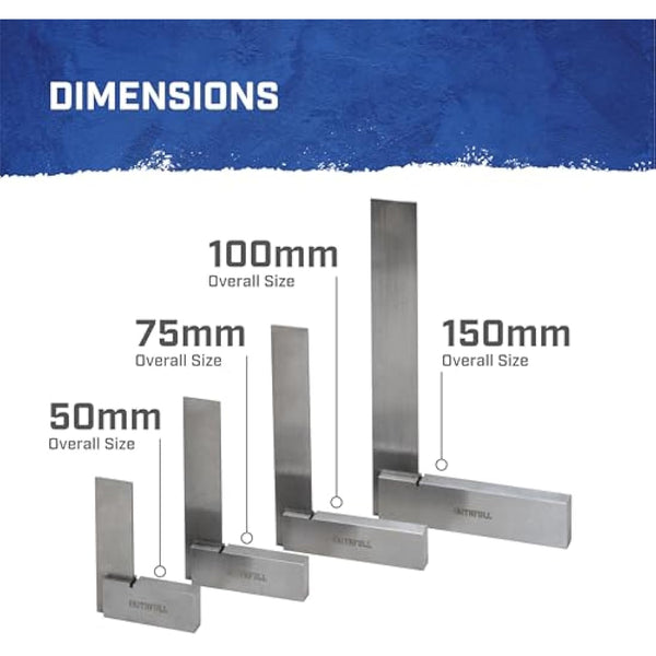 Faithfull Engineers Steel Try Square Set 4 Piece - 50,75,100,150mm (2in, 3in, 4in, 6in), Precision Ground, Hardened Steel Blade, Accurate Marking, Measuring & Layout Tools in Wooden Storage Case
