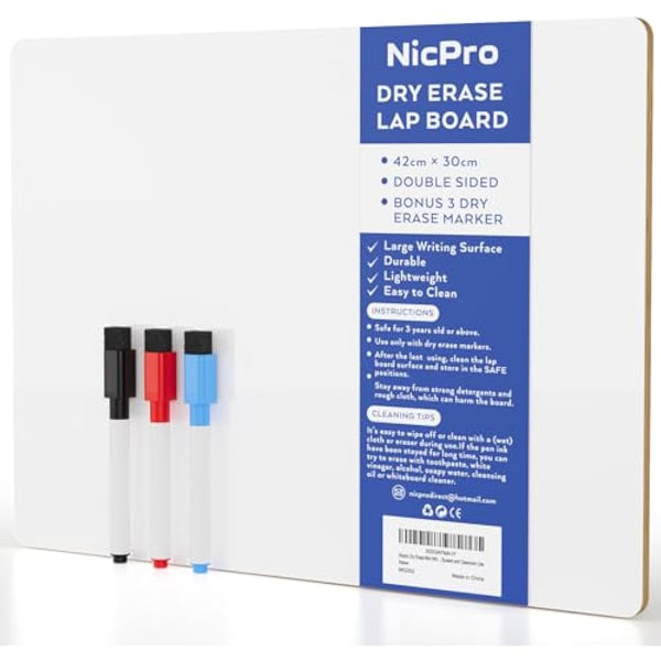 Nicpro Dry Erase Mini Whiteboard A3, 30 x 42 cm Double Sided Lapboard with 3 Water-Based Pens Learning Small White Board Portable Drawing Writing for Student and Classroom Use