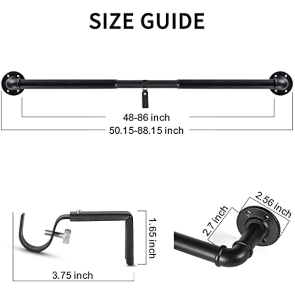 3 Pack Black Curtain Poles Metal, Industrial Curtain Rod for Eyelet Curtains, Industrial Curtain Pole for Windows 122cm-218cm, Room Divider Curtain Pole.