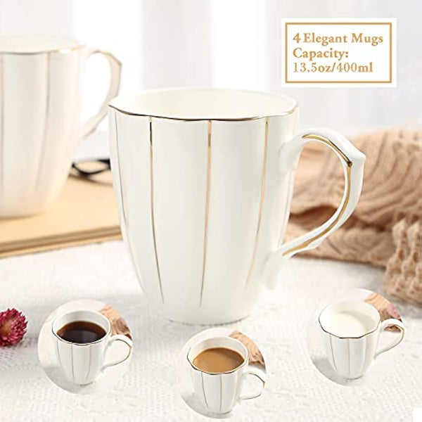 DUJUST Coffee Mug Set of 4(400ml), Luxury British Design with Handcrafted Golden Trims, 1st-Class Bone-China White and Gold Cup Set for Coffee, Tea&Milk, Beautiful&Graceful Top Fine Porcelain Cups