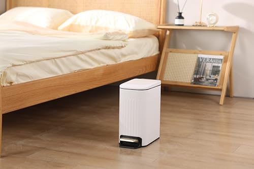 ELPHECO Slim Bathroom Trash Can Foot-Operated Stainless Steel Garbage Can with Soft Close Lid Step Trash Bin with Removable Inner Bucket for Bedroom, Office, Kitchen (White, 1.8 Gallons)