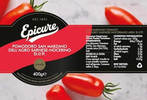 Epicure Tinned San Marzano Tomatoes, Delicious for Pasta Sauces & Casseroles, 400 g, (Pack of 12)