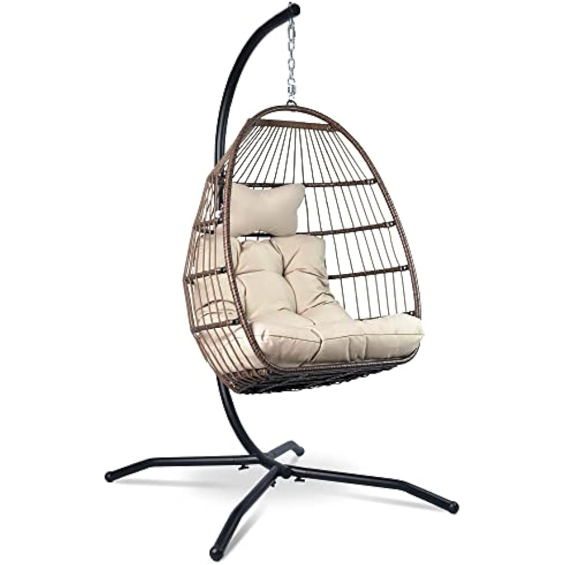 Vita5 Hanging Egg Chair Indoor&Outdoor - Swing Chair with Frame Polyrattan with Cushion - Hanging Chair Outdoor and Indoor - Foldable Hammock Chair - Maximum Load 150kg - Beige