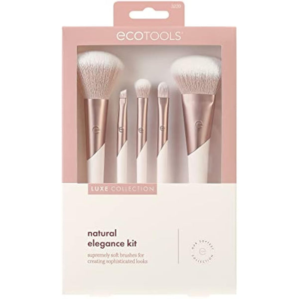 EcoTools Luxe Natural Elegance Professional Face Makeup & Foundation Brush Set, Premium Brush Kit For Face, Cheek, & Eye Makeup, Synthetic Makeup Brushes, Vegan & Cruelty-Free, 5 Piece Set
