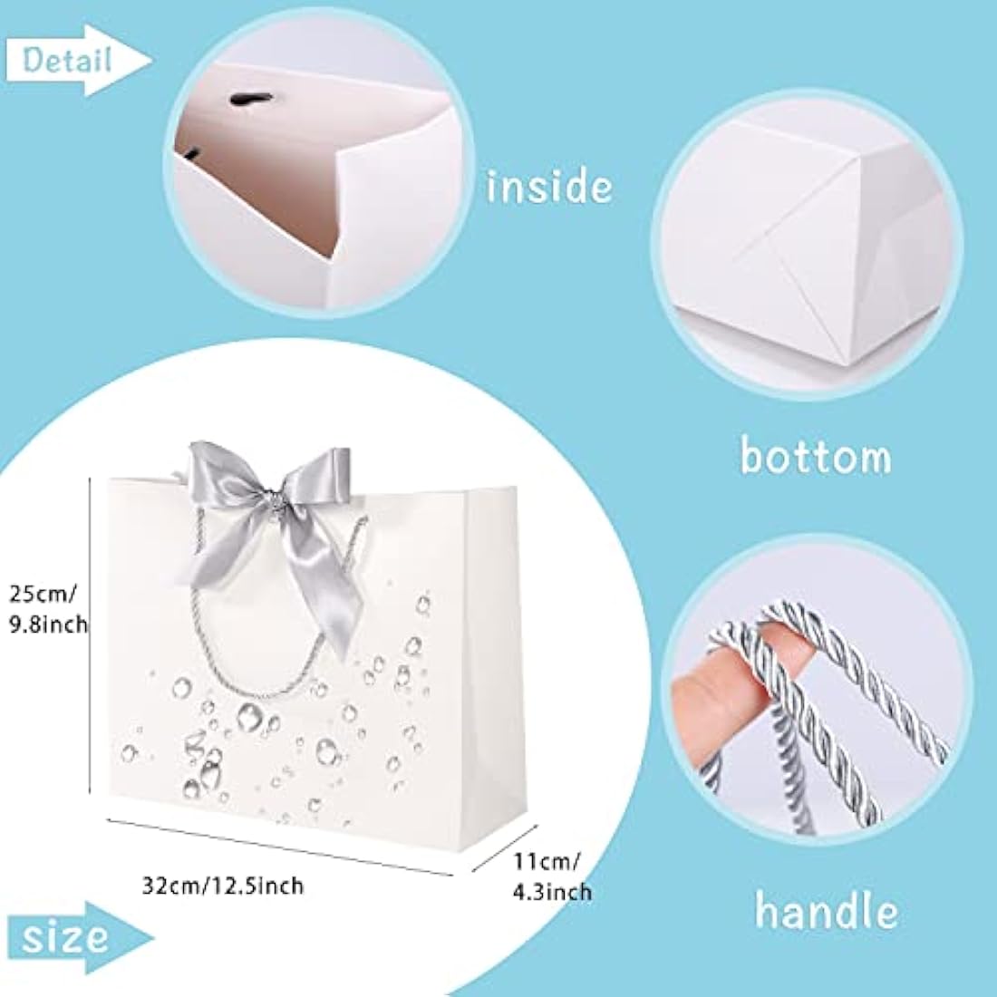 10 Pcs White Gift Bags with Silver Bow Ribbon, Paper Party Favor Bag with Handles Gift Bags Large for Wedding Graduation Birthday Party Celebration Present Bags, 12.5x10x4.3 Inches