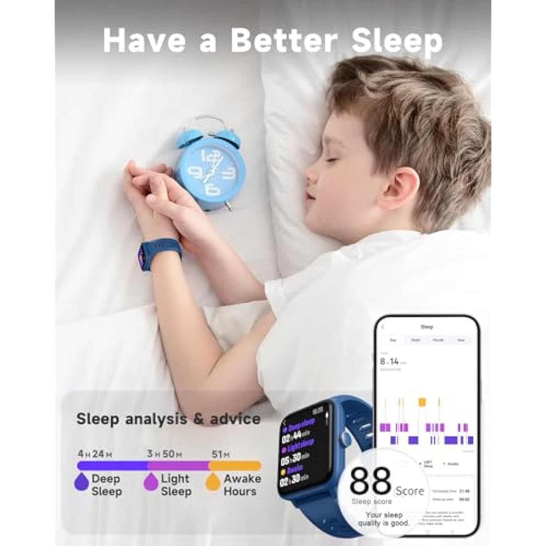 BIGGERFIVE Kids Smart Watch, Fitness Tracker Watch Pedometer, Heart Rate, 5ATM Waterproof, Sleep Monitor, Alarm Clock, Calorie Step Counter, Puzzle Games, 1.5" HD Touch Screen for Boys Girls Ages 3-14