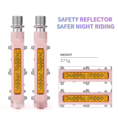 GEWAGE Bike Pedals With Reflective Strips, 3 Sealed Bearings Non-Slip CNC Aluminum Bicycle Platform 9/16" Pedals For Road Bike MTB E-Bike. (Pink)