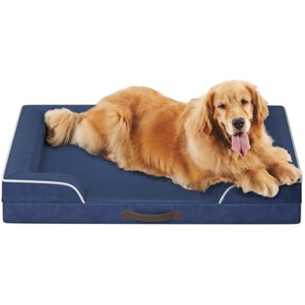 Codi Extra Large Memory Foam Layer Dog Bed, Washable Orthopedic Dogs Beds Couch with Removable Zipper Cover, Waterproof Pet Sofa with U-Shape Bolster, Navy Blue, 106x81x(8.9+8.9) cm