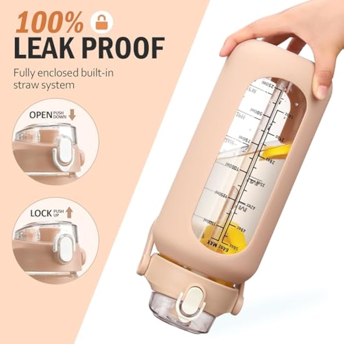 HYDRAGLAZIC 2L Glass Water Bottle with 2 Lids Flip and Chug Lids 2 Liter Large Water Jug with Time Marker and Silicone Sleeve BPA Free Leak-proof for Sports Gym, Amber