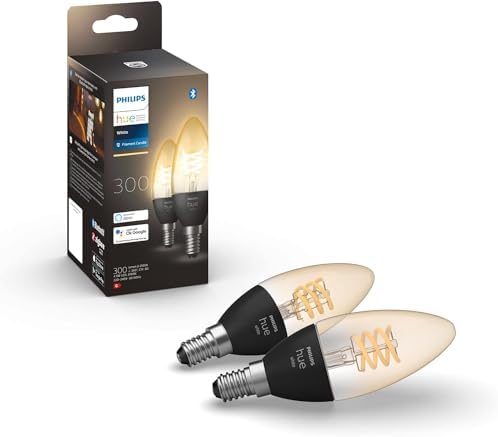 Philips Hue Warm White Filament Candle Smart Light Bulb 2 Pack [E14 Small Edison Screw] with Bluetooth. Works with Alexa, Google Assistant and Apple Homekit.