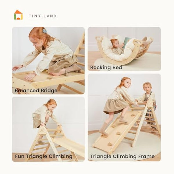 Tiny Land Triangle Climbing Frame for Kids, 3 in 1 Foldable Montessori Toy Wooden Climbing Triangle, Indoor Climbing Frame Set Wooden Climbing Toy with Ramp and Arch Climbing Triangle