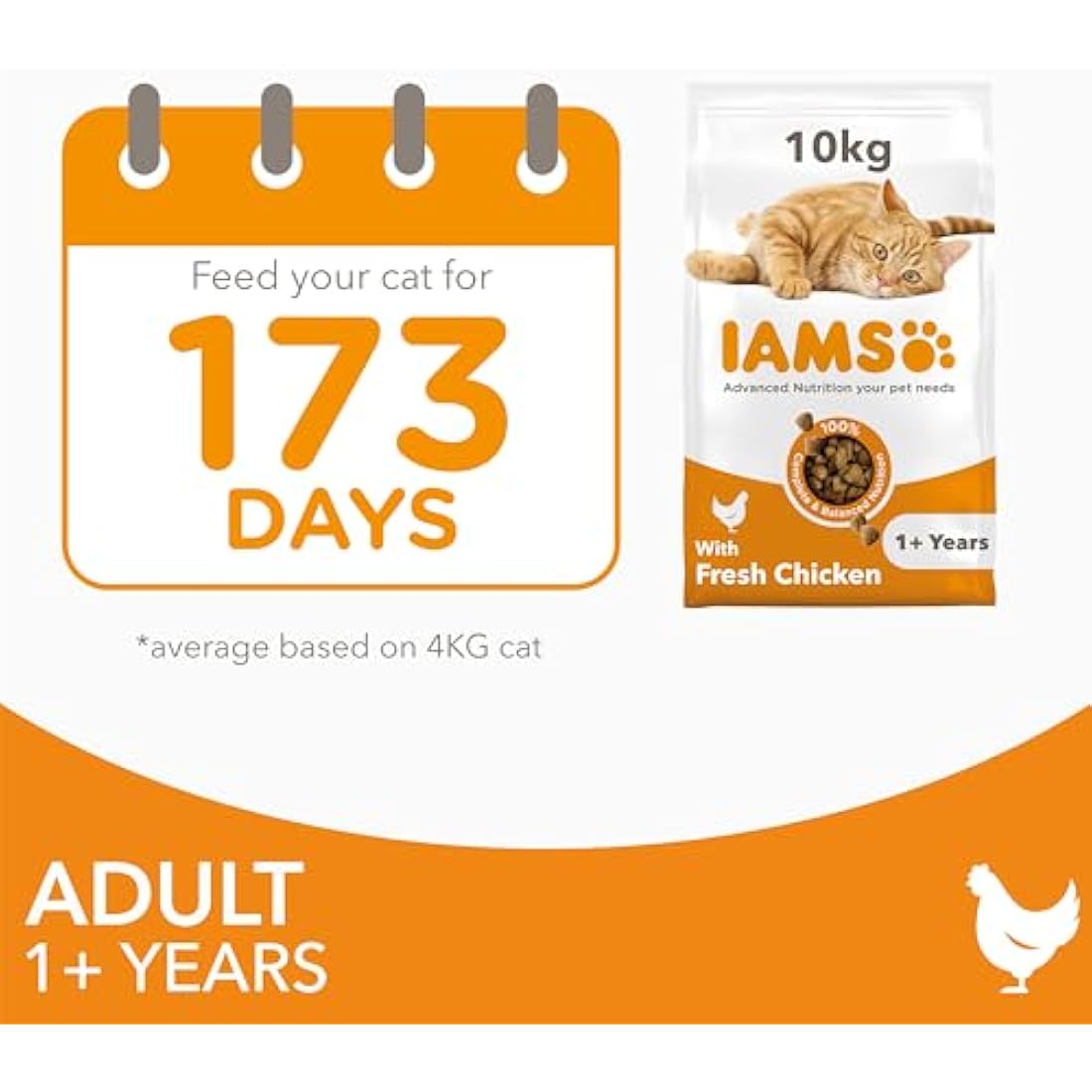 IAMS Adult Complete Dry Cat Food Chicken 10kg - Supports Strong Immune System