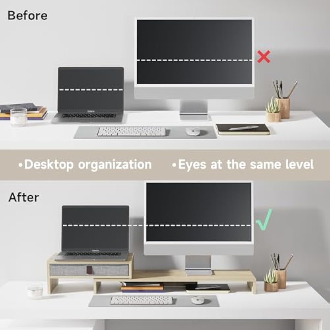 Fenge Dual Monitor Stand With Drawer - 2 Shelf Riser With Adjustable Length and Angle, Wood Stand for 2 Monitors, Laptop PC, Computer, Printer, Desktop Organizer, Oak