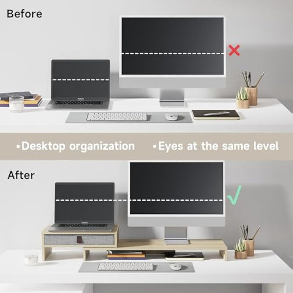 Fenge Dual Monitor Stand With Drawer - 2 Shelf Riser With Adjustable Length and Angle, Wood Stand for 2 Monitors, Laptop PC, Computer, Printer, Desktop Organizer, Oak