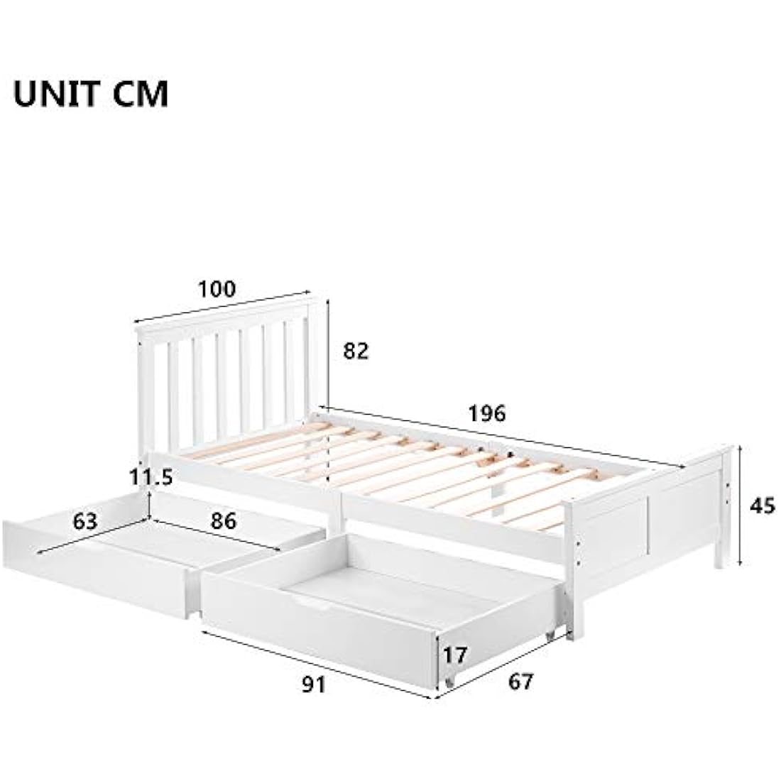3ft Single Wooden Solid White Pine Storage Bed Frame with Drawers, Bed Furniture Frame for Adults, Kids, Teenagers (White 190x90cm)
