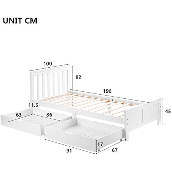 3ft Single Wooden Solid White Pine Storage Bed Frame with Drawers, Bed Furniture Frame for Adults, Kids, Teenagers (White 190x90cm)