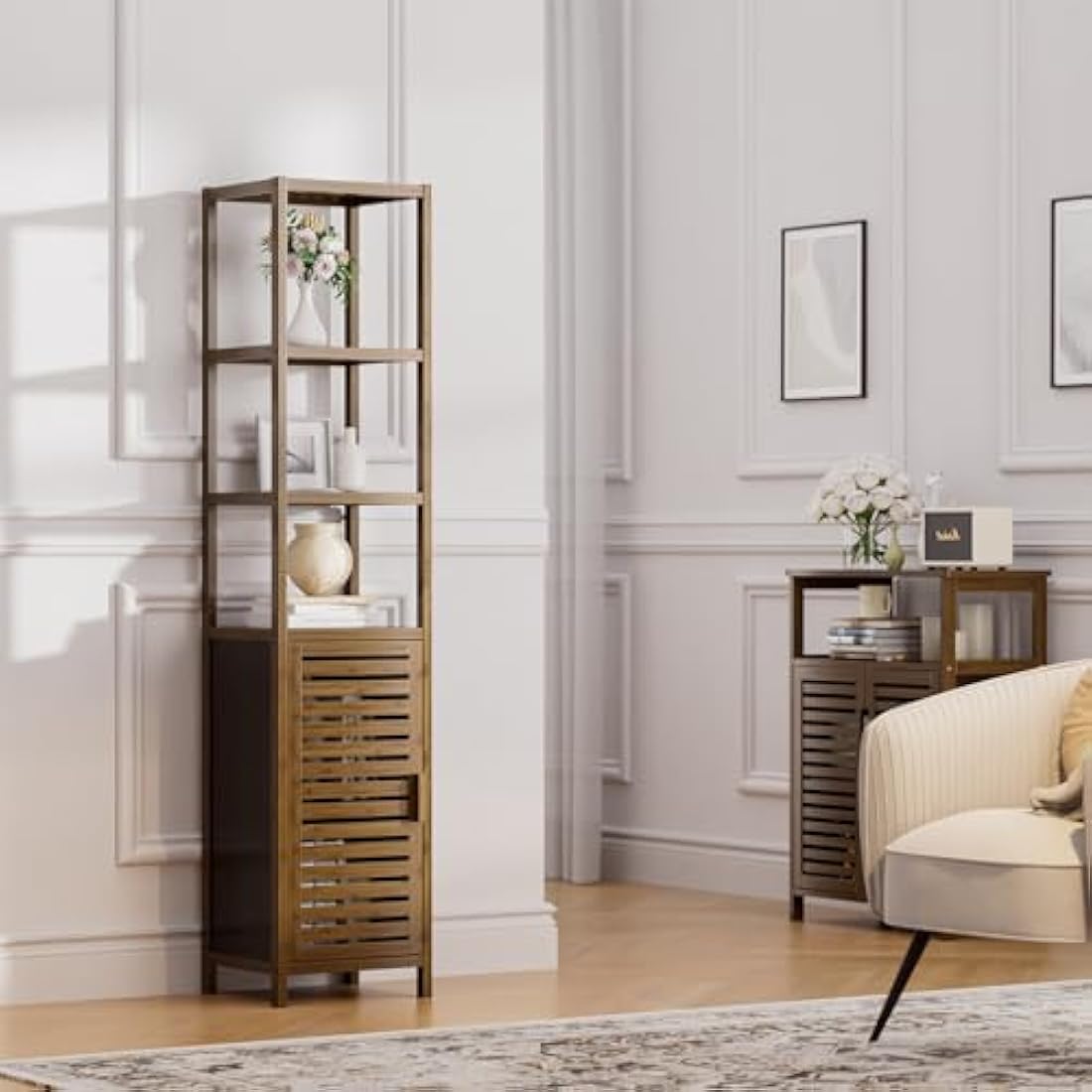 HITNET Bathroom Storage Cabinet Bamboo, Tall Narrow Space Saver Organizer Floor Standing for Kitchen, 4 Open Shelves and 1 Cupboard with Door, Walnut