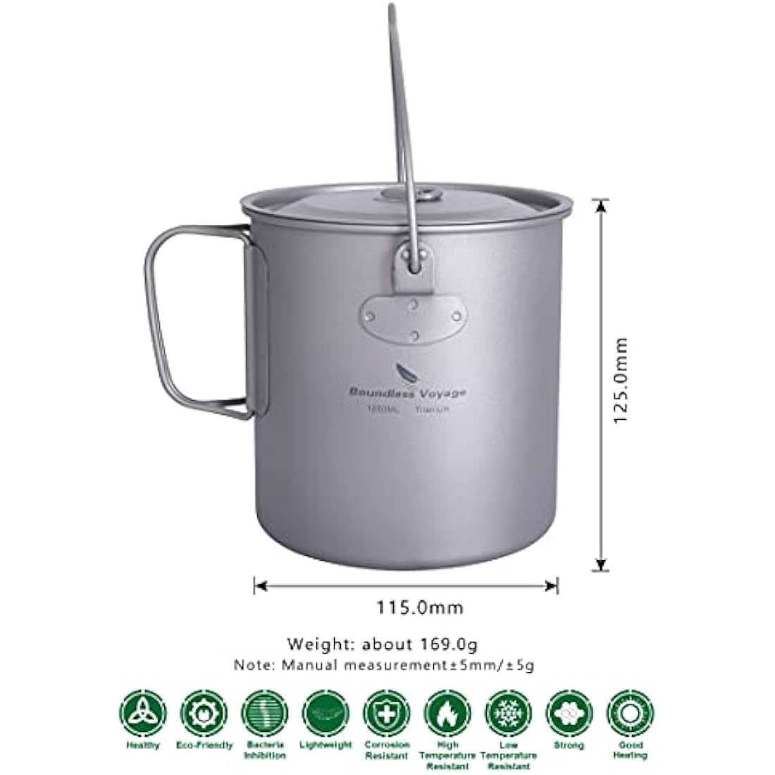 iBasingo 1250ml Titanium Mug Camping Cup Tea Coffee Water Pot with Lid Ultralight Outdoor Travel Tableware with Foldable Handle Picnic Backpacking Trekking Portable Drinkware Survival Gear Ti3042D