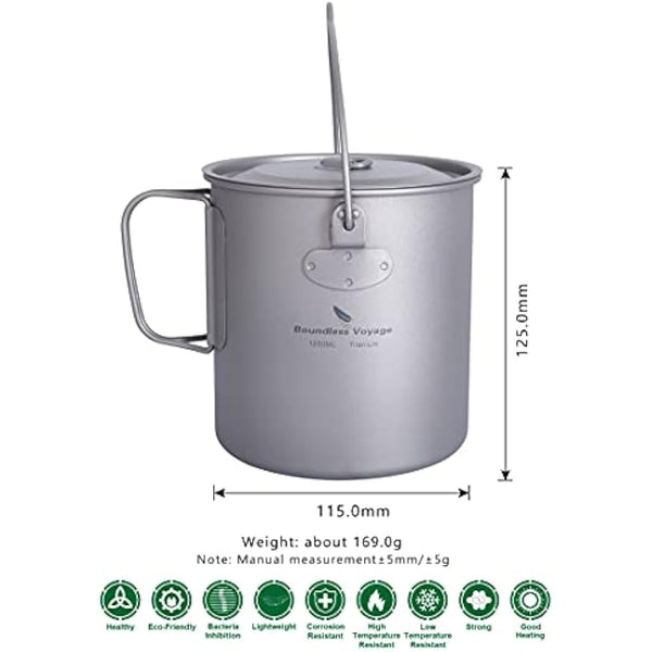 iBasingo 1250ml Titanium Mug Camping Cup Tea Coffee Water Pot with Lid Ultralight Outdoor Travel Tableware with Foldable Handle Picnic Backpacking Trekking Portable Drinkware Survival Gear Ti3042D