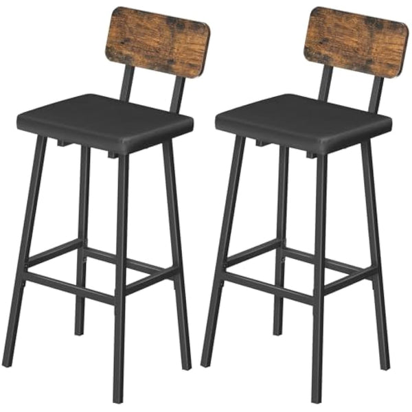 HOOBRO Bar Stools Set of 2, PU Upholstered Breakfast Bar Stools, Industrial Barstools with Backrest and Footrests, Bar Chairs for Kitchen, Dining Room, Bar, Rustic Brown and Black EBF84RBY01G2
