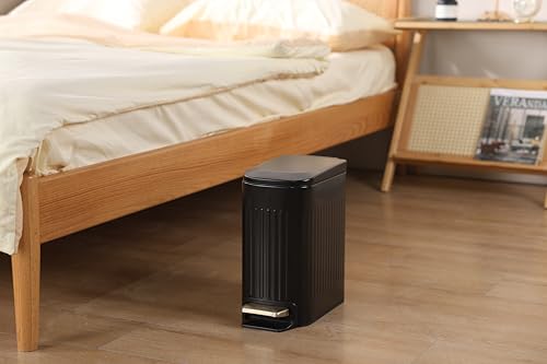 ELPHECO Slim Bathroom Trash Can Foot-Operated Stainless Steel Garbage Can with Soft Close Lid Step Trash Bin with Removable Inner Bucket for Bedroom, Office, Kitchen (Matt Black, 1.8 Gallons)