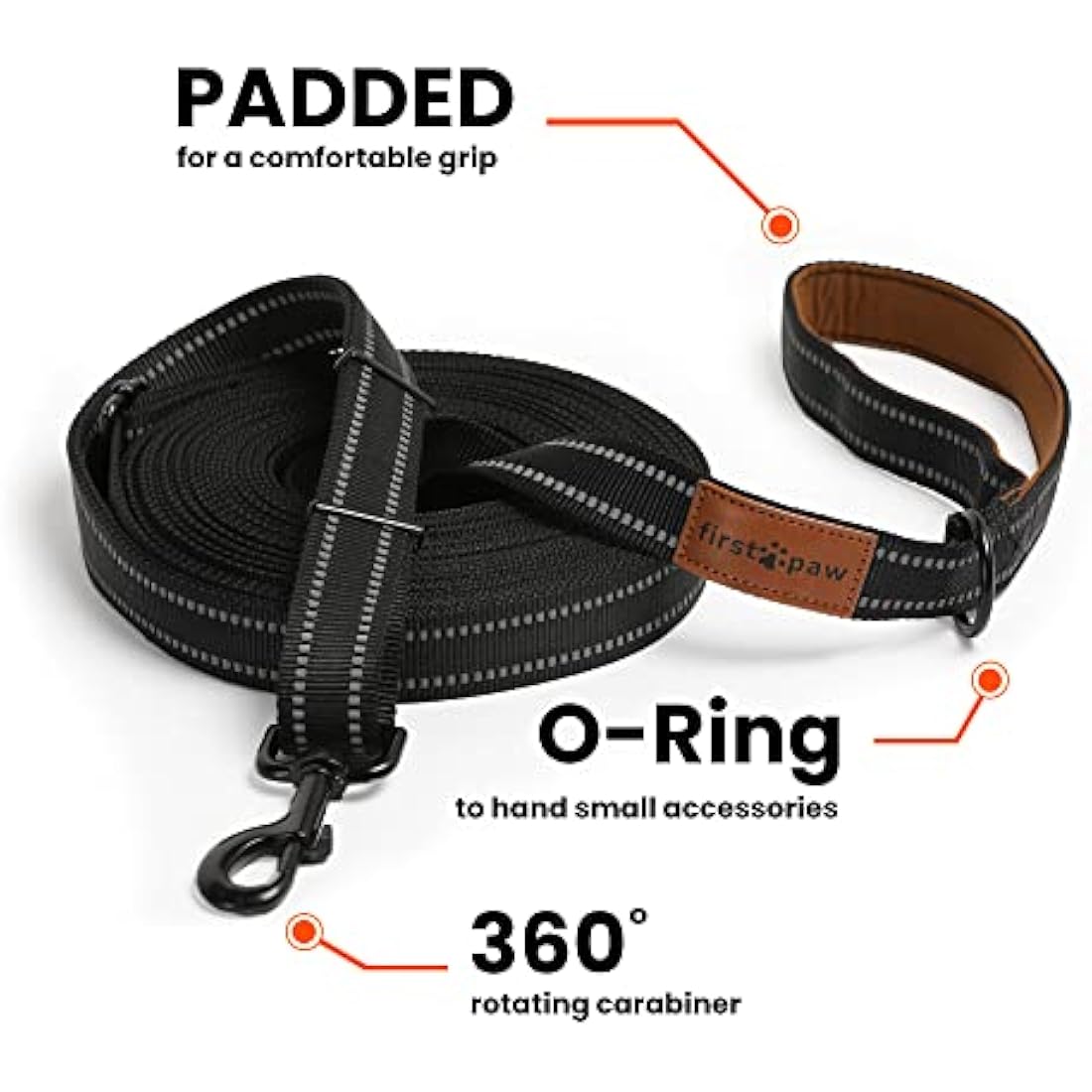 FIRSTPAW 10m (32ft) Training lead for small, medium and large size dogs - Recall training lead adjustable from 5 to 10 meters, Durable Long line dog lead with a padded handle for a comfortable grip