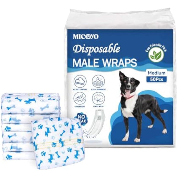 MICOOYO Disposable Dog Nappies Male, Super Absorbent Male Dog Wraps, Doggy Diapers with Wetness Indicator (M, 50pack)