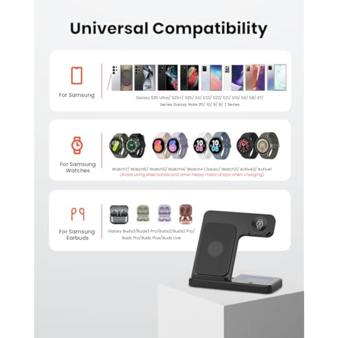 GEEKERA Wireless Charger for Samsung, 3 in 1 Foldable Charging Station for Samsung S25/S24/S23/ZFold/Flip, Fast Phone Watch Charger Dock for Galaxy Watch 7/6/5/4, Docking Station for Galaxy Buds-Black