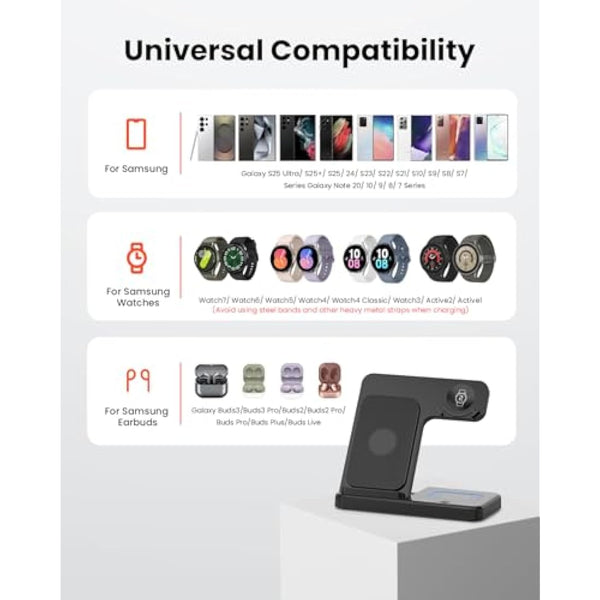GEEKERA Wireless Charger for Samsung, 3 in 1 Foldable Charging Station for Samsung S25/S24/S23/ZFold/Flip, Fast Phone Watch Charger Dock for Galaxy Watch 7/6/5/4, Docking Station for Galaxy Buds-Black