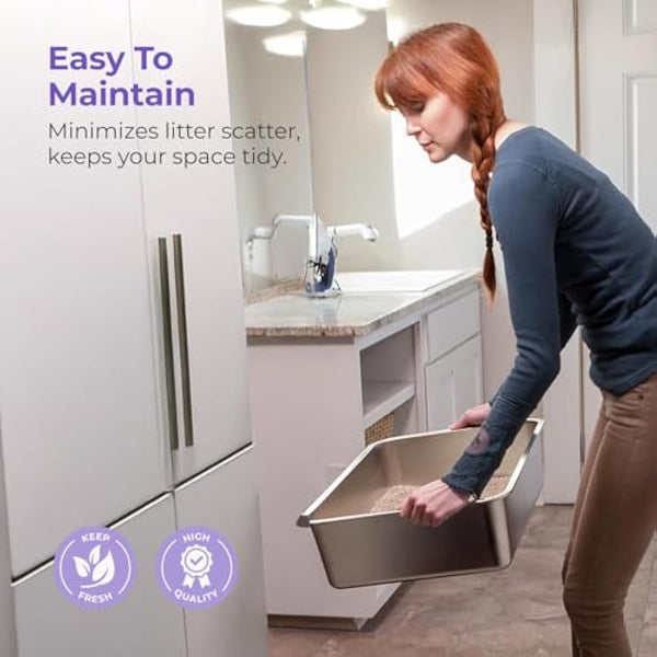 IPrimio Stainless Steel Cat Litter Box - High-Sided XL Litterbox for Cats - Easy Clean, Odour and Rust Resistant Cat Litter Tray - Durable and Spacious Cat Litter Solution - 39.4 x 12.7 x 15.2 cm