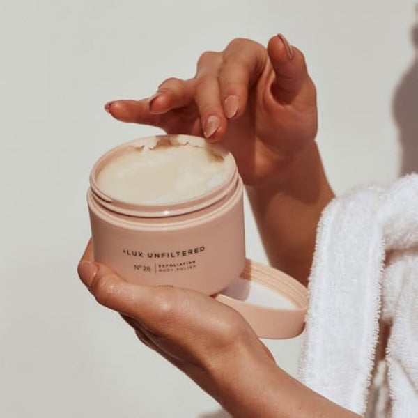 + Lux Unfiltered N°28 Exfoliating Body Polish in Santal - Exfoliating Body Scrub with Shea Butter, Passion Fruit Oil, & Vitamin E - Hydrating & Moisturizing Sugar Scrub - Vegan & Cruelty Free