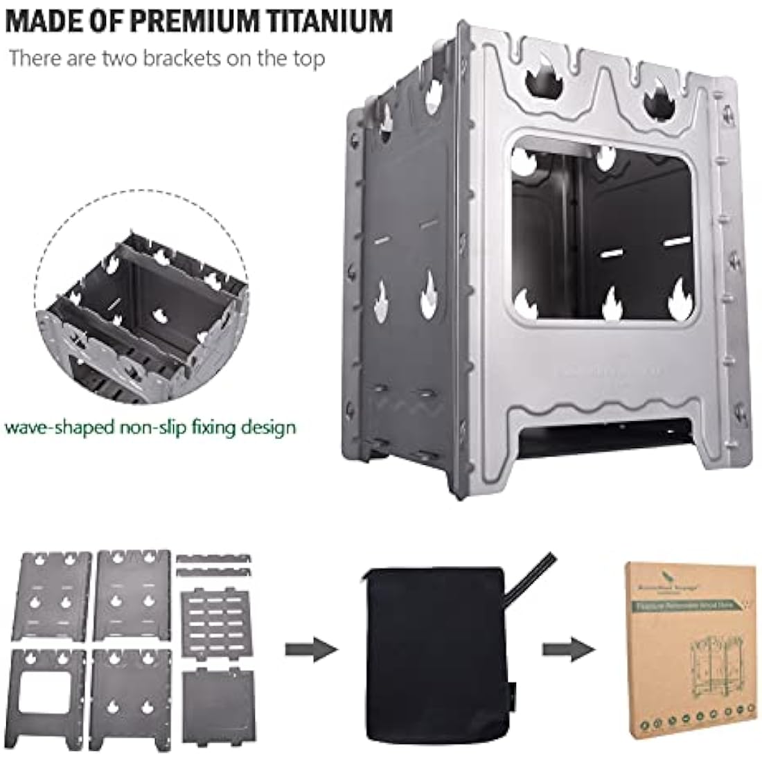 iBasingo Portable Titanium Wood Stove for Camping Detachable & Assembled Design, Ultralight Backpacking Stove with Pot Holder Compact Campfire Cooker for Charcoal Alcohol BBQ Survival Gear Ti2008C